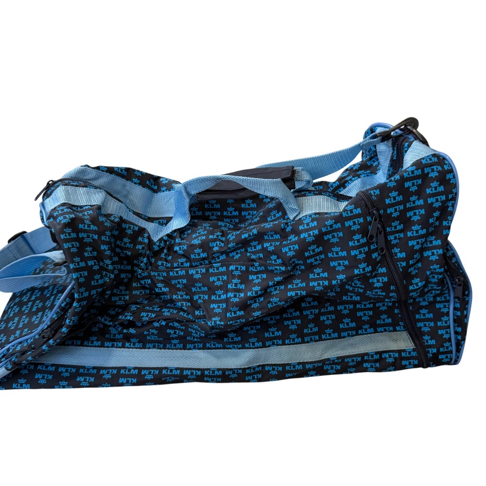 KLM Royal Dutch Airlines Duffel Travel Bag Black Blue Logo Print Weekender